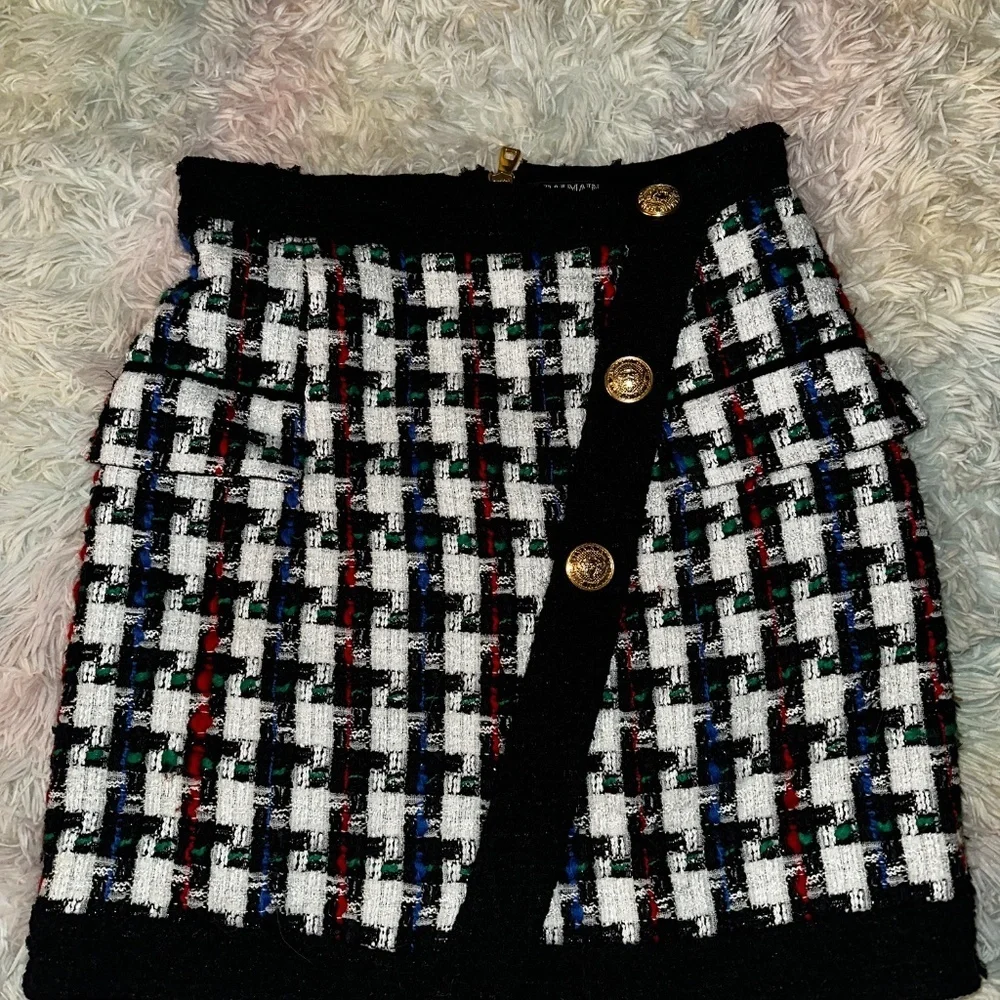 New Balmain Button Embellished Houndstooth Tweed Mini Skirt Size 40